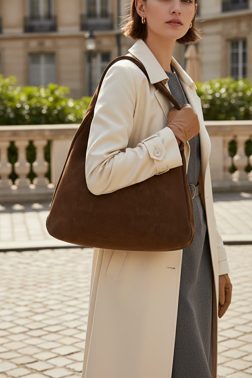 Borsa hobo protagonista con modella outdoor