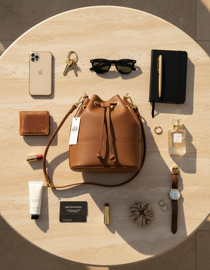 Composizione flat lay con borsa a secchiello marrone