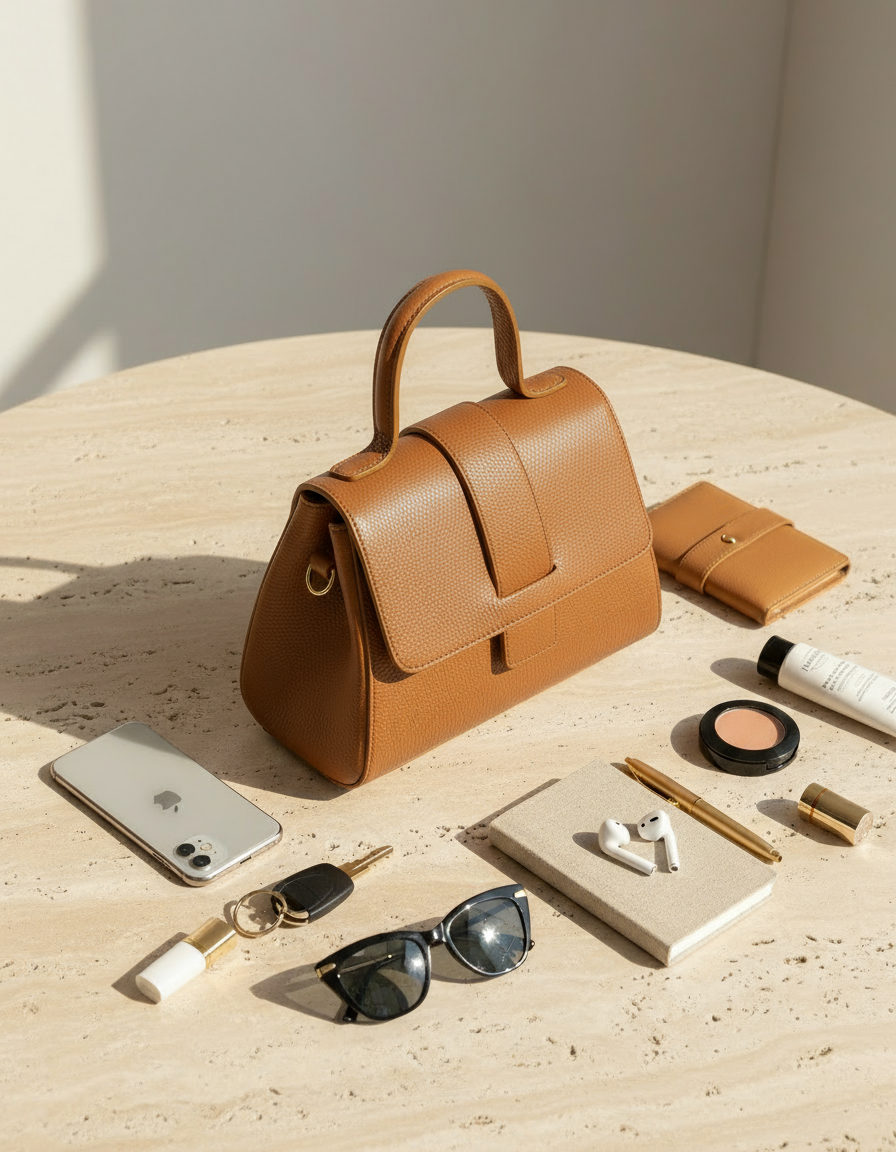 Composizione flat lay con borsa cognac chiusa