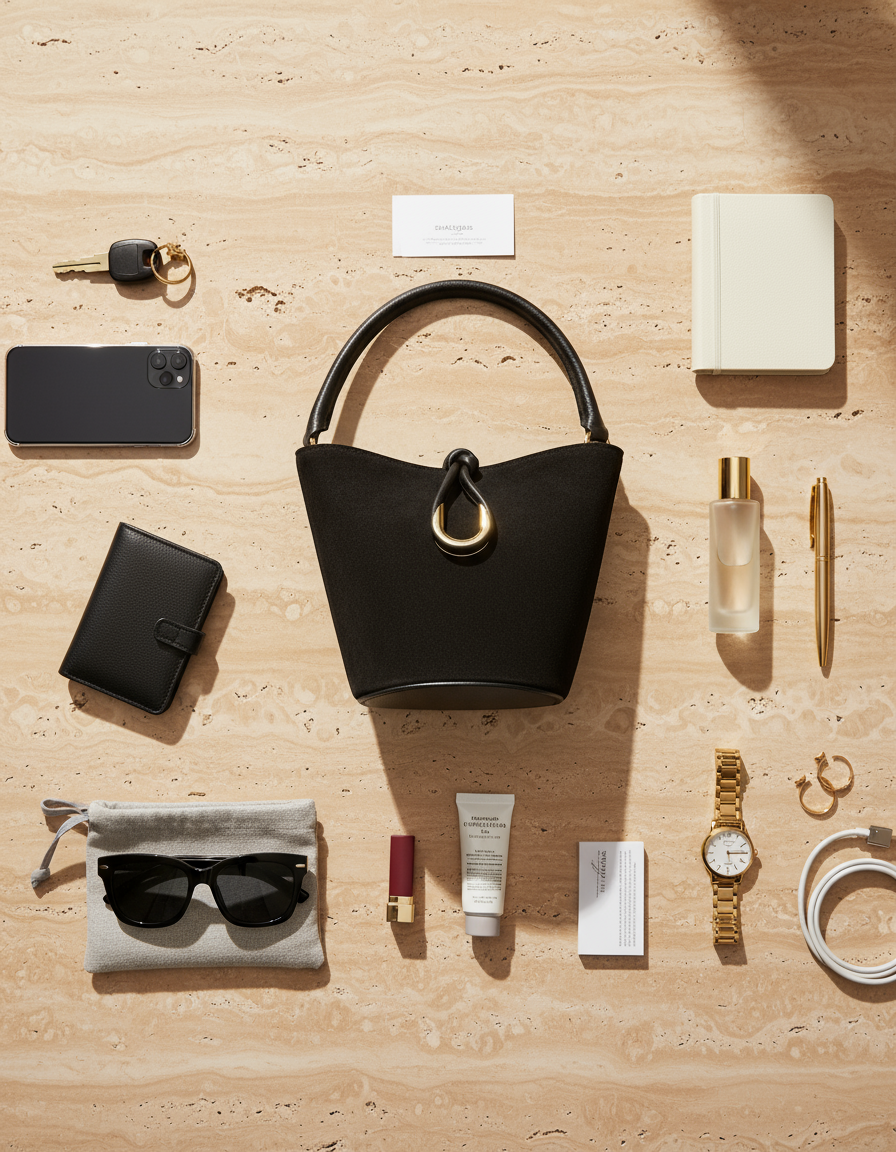 Composizione flat lay con borsa nera a secchiello