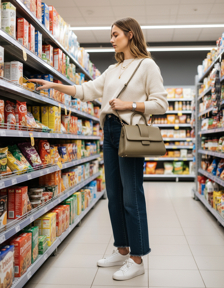Modella al supermercato con borsa a tracolla