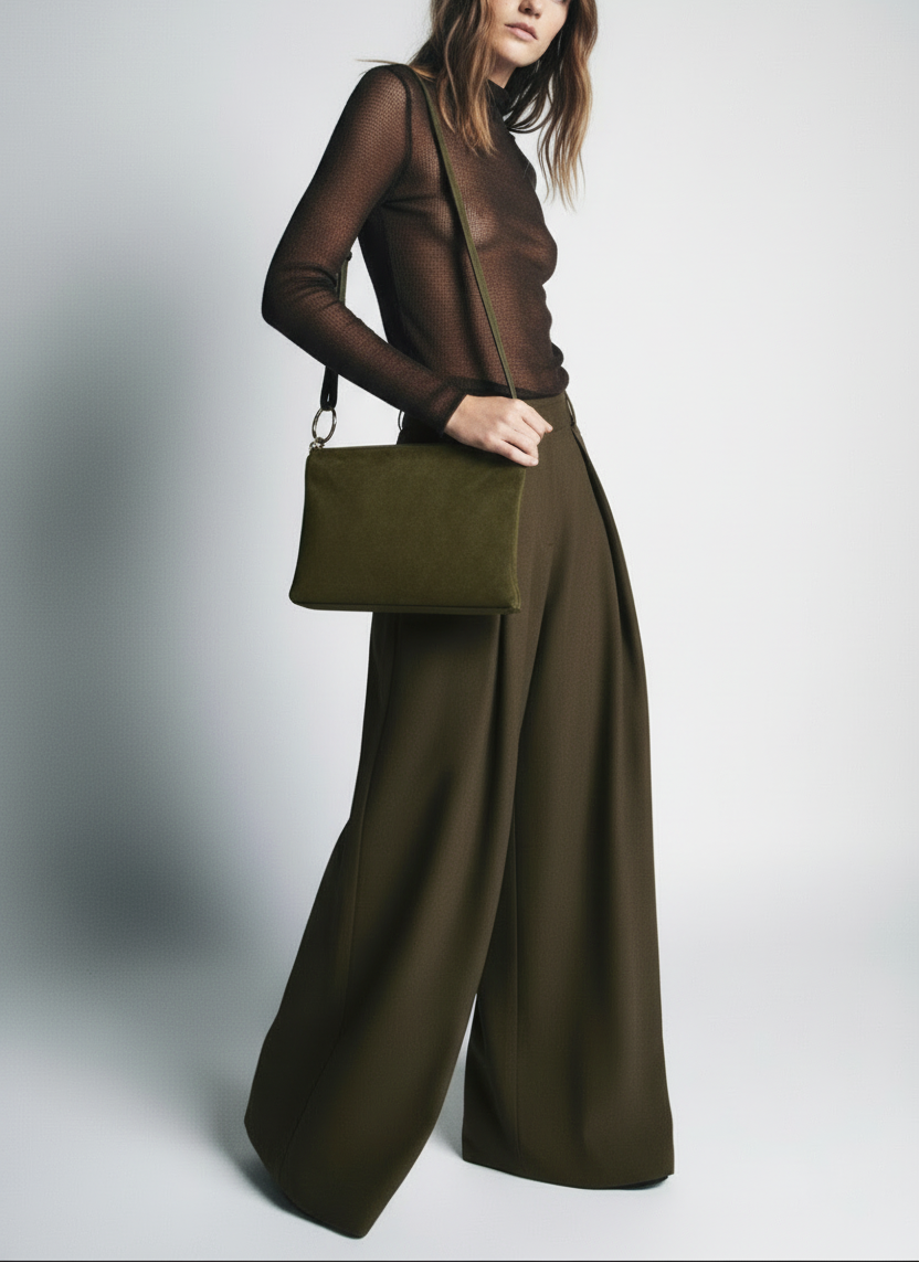 Modella con borsa a tracolla - angolazione laterale