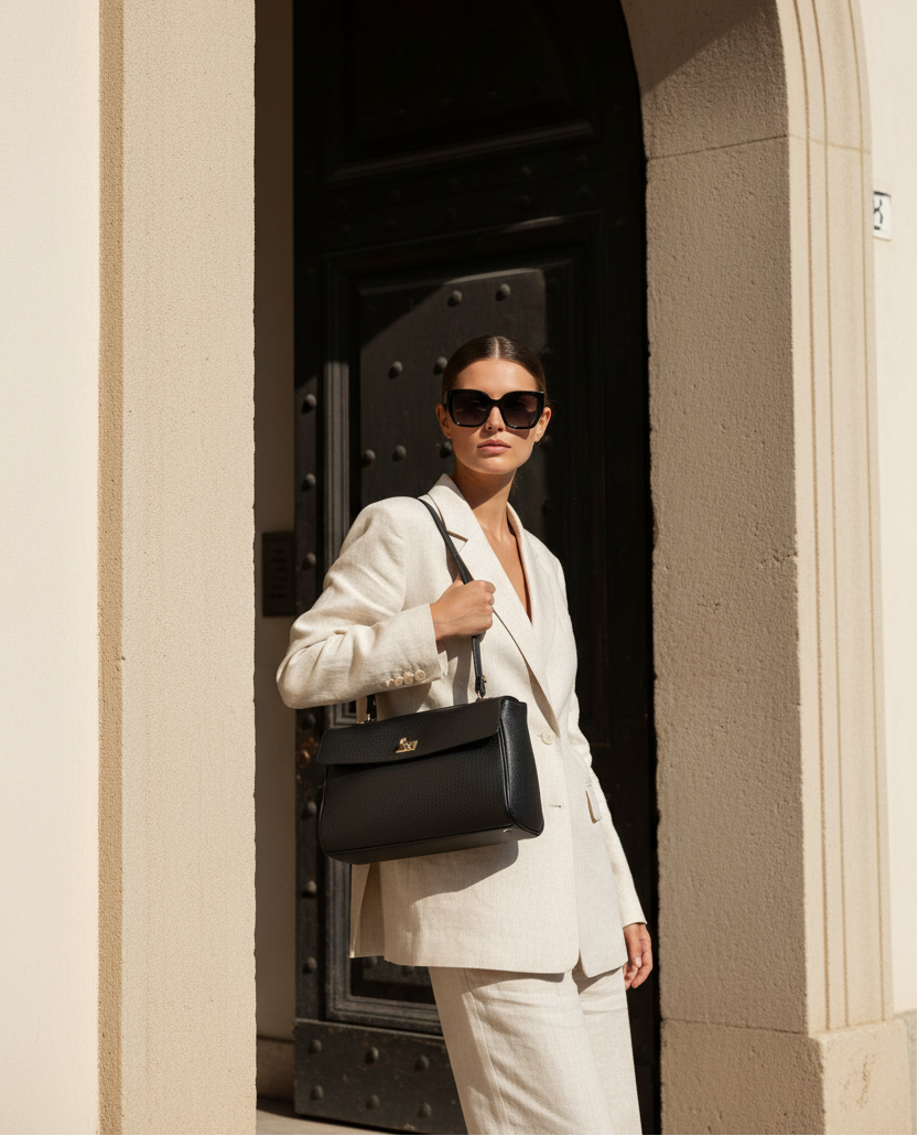 Modella con borsa all'esterno