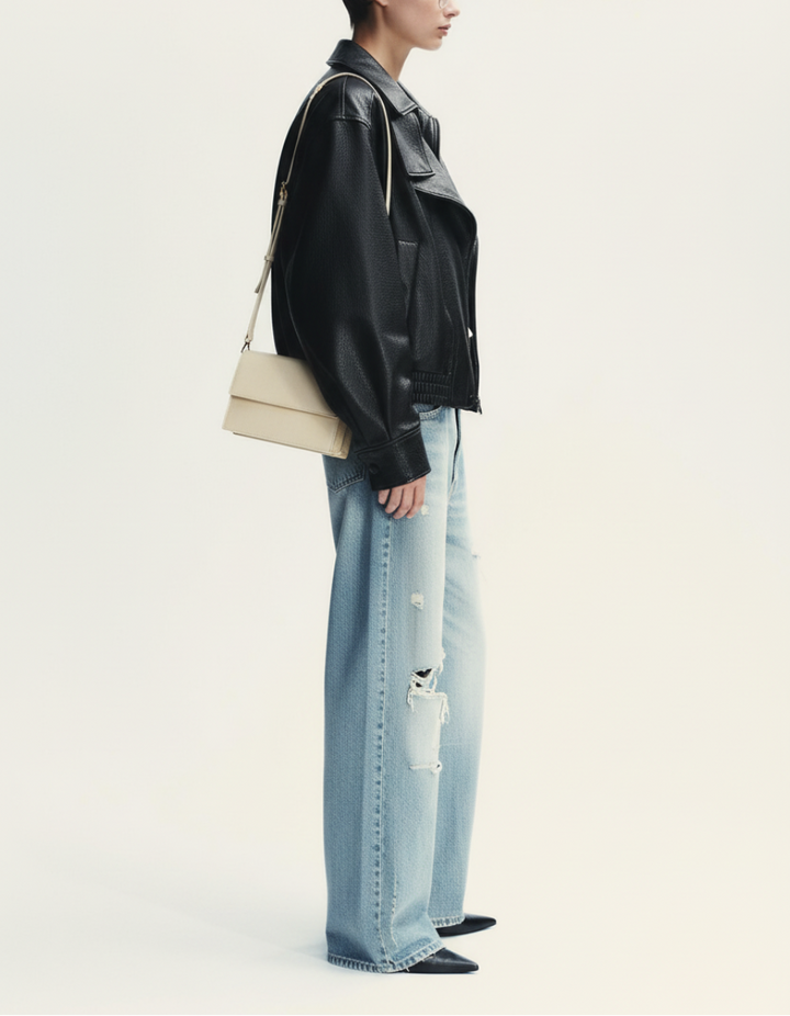 Modella con borsa crema - vista laterale