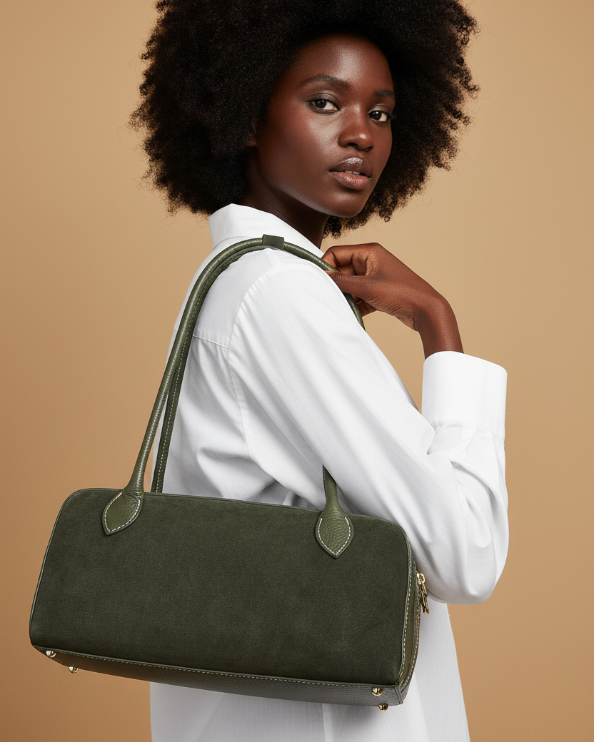 Modella con borsa Cristine verde oliva a spalla