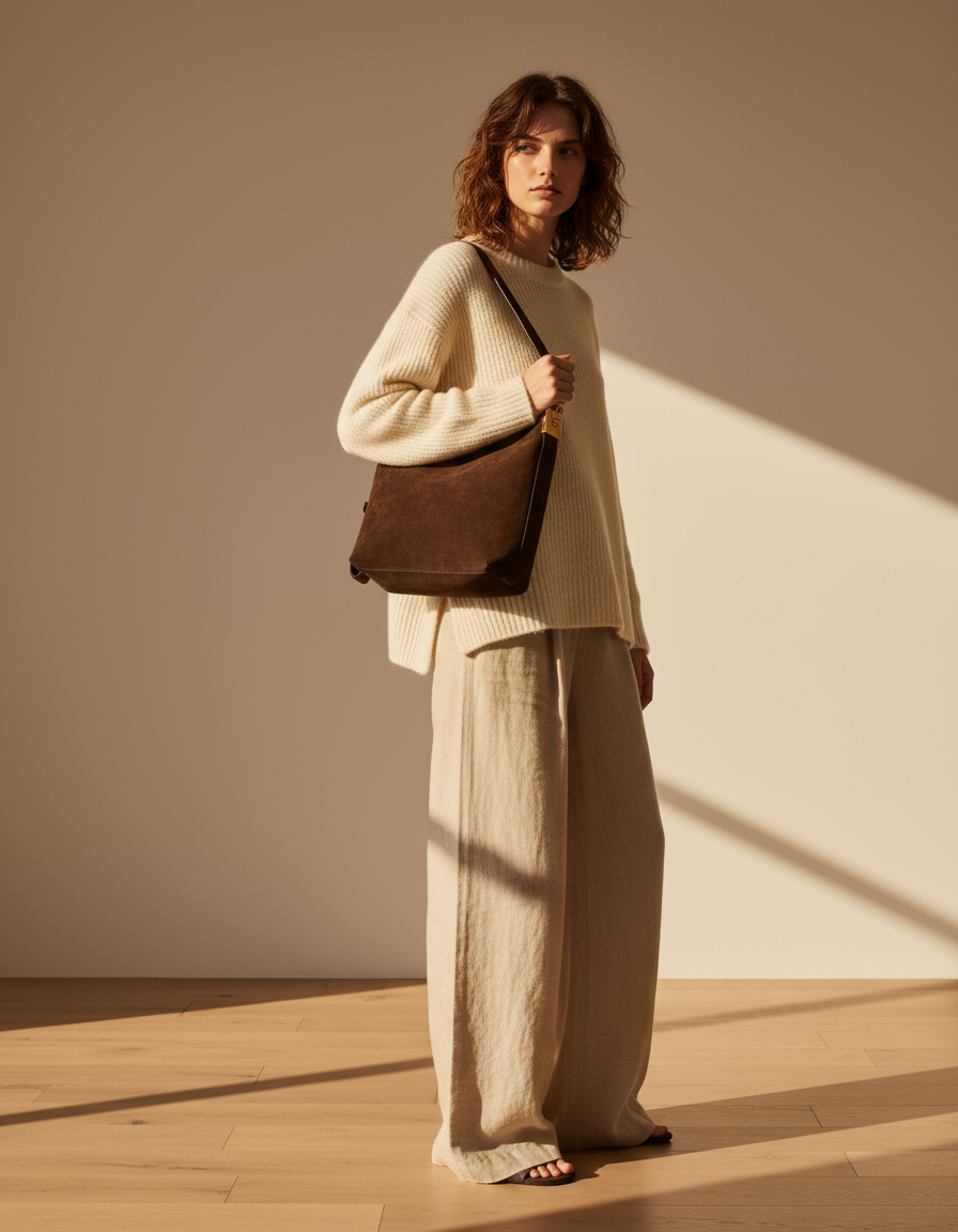 Modella con borsa hobo cioccolato indossata a spalla