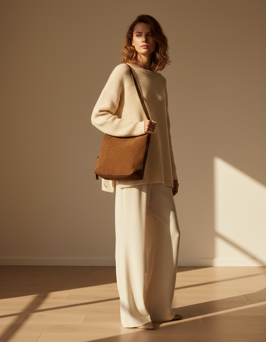 Modella con borsa hobo cuoio indossata a spalla
