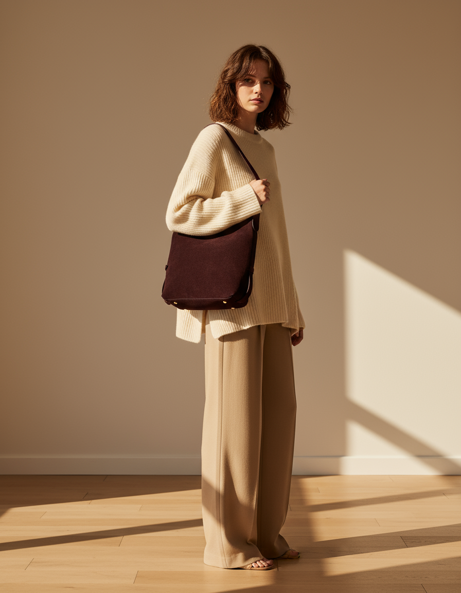 Modella con borsa hobo vinaccia indossata a spalla