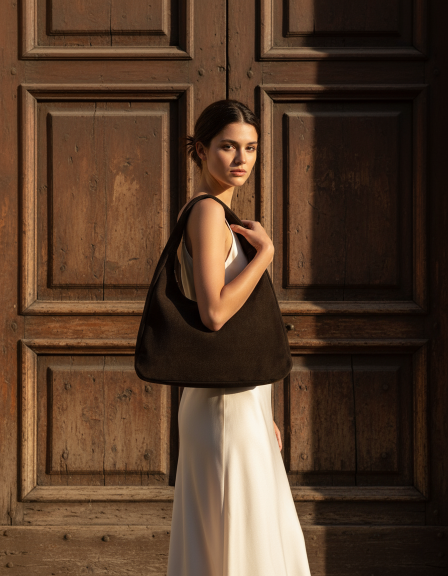 Modella con borsa LAVINA davanti a portone antico