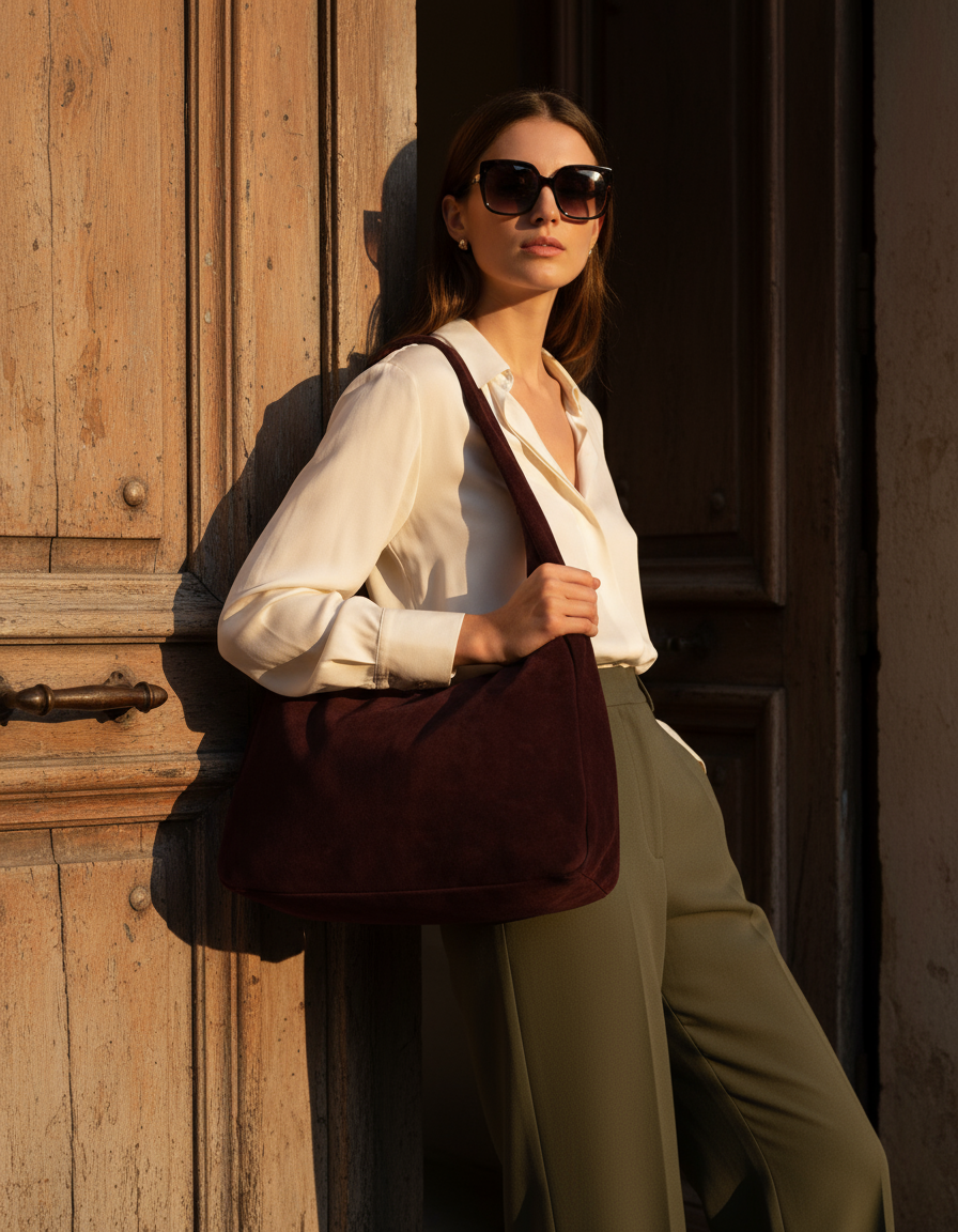 Modella con borsa LAVINA vinaccia oversized