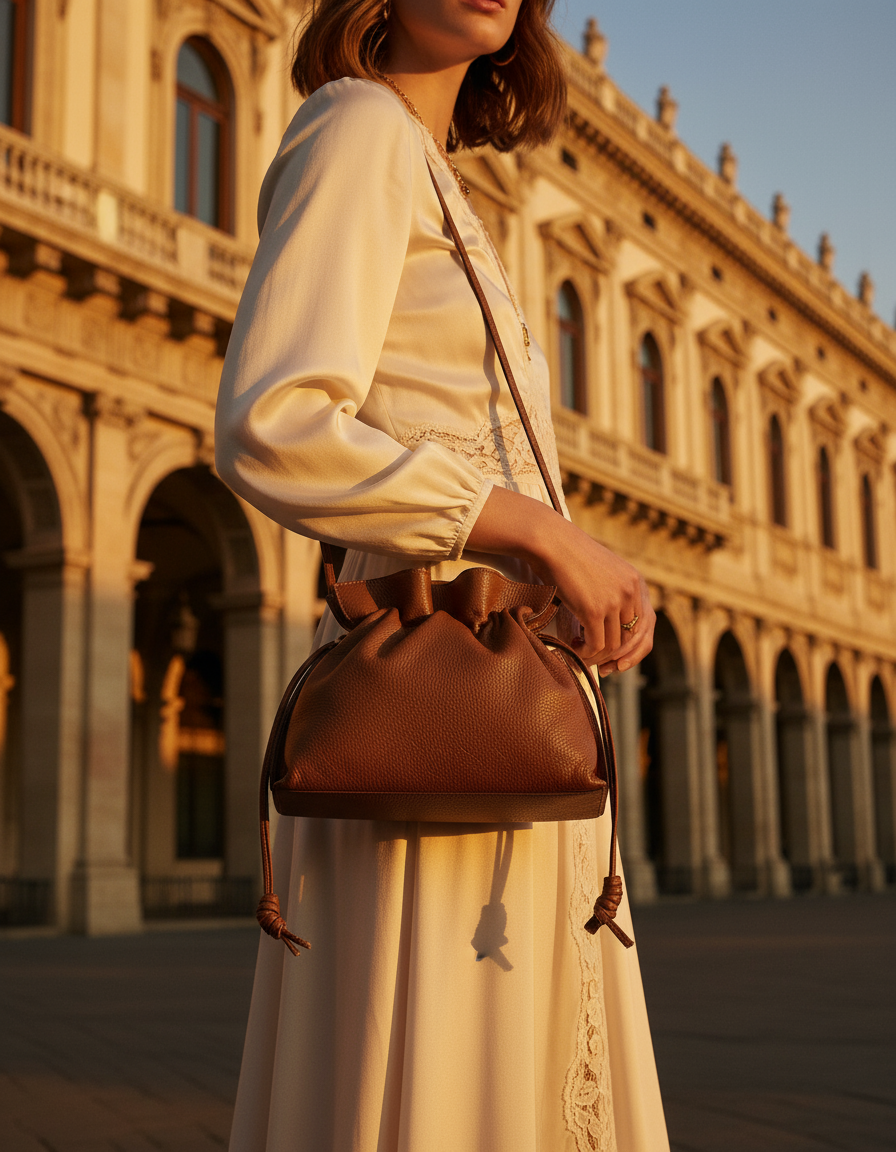Modella con borsa media davanti a palazzo con luce calda