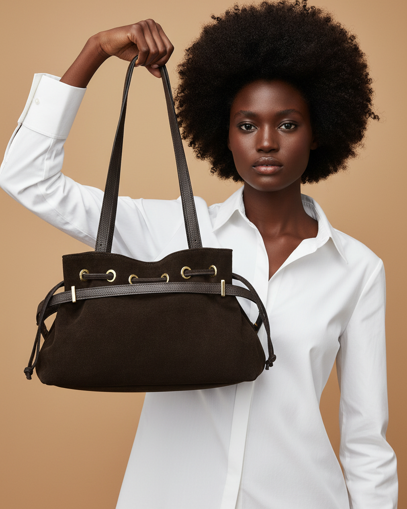 Modella con borsa Michelle testa di moro