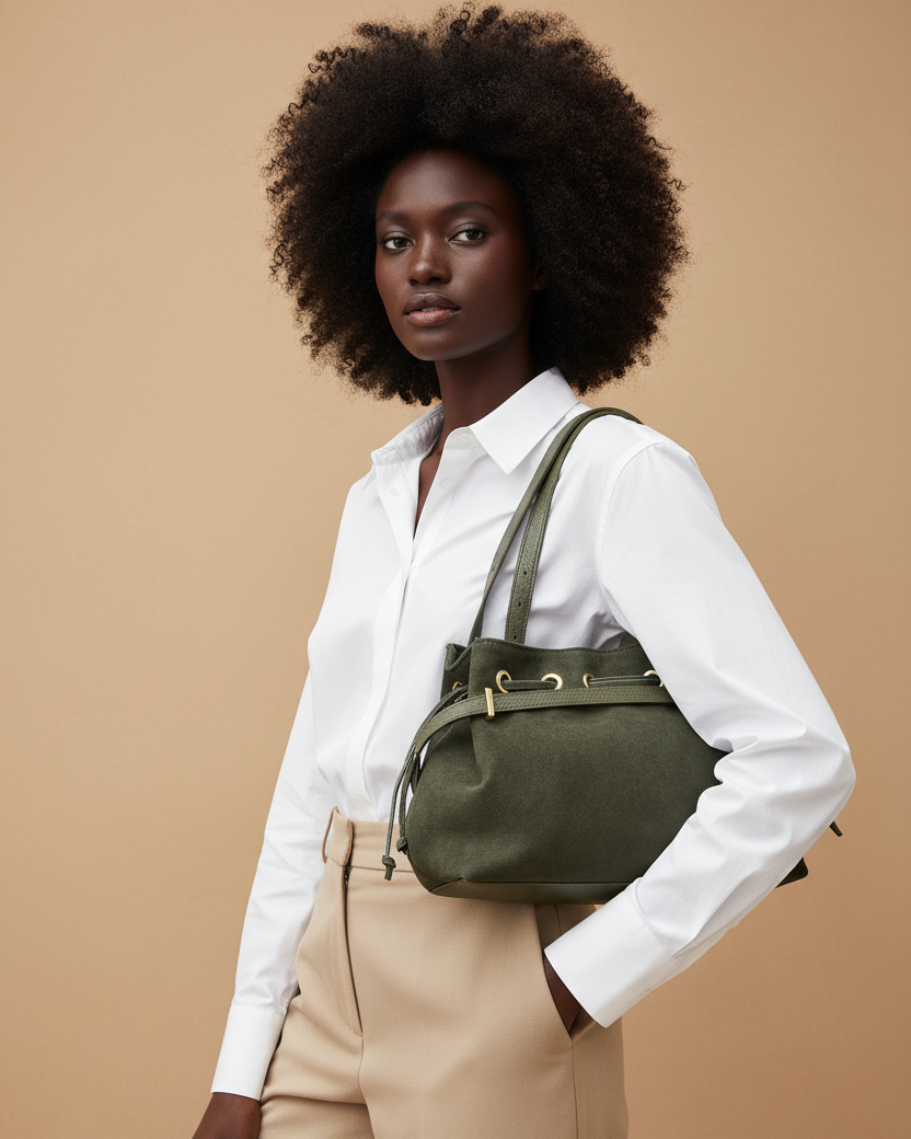 Modella con braccio alzato e borsa Michelle verde oliva