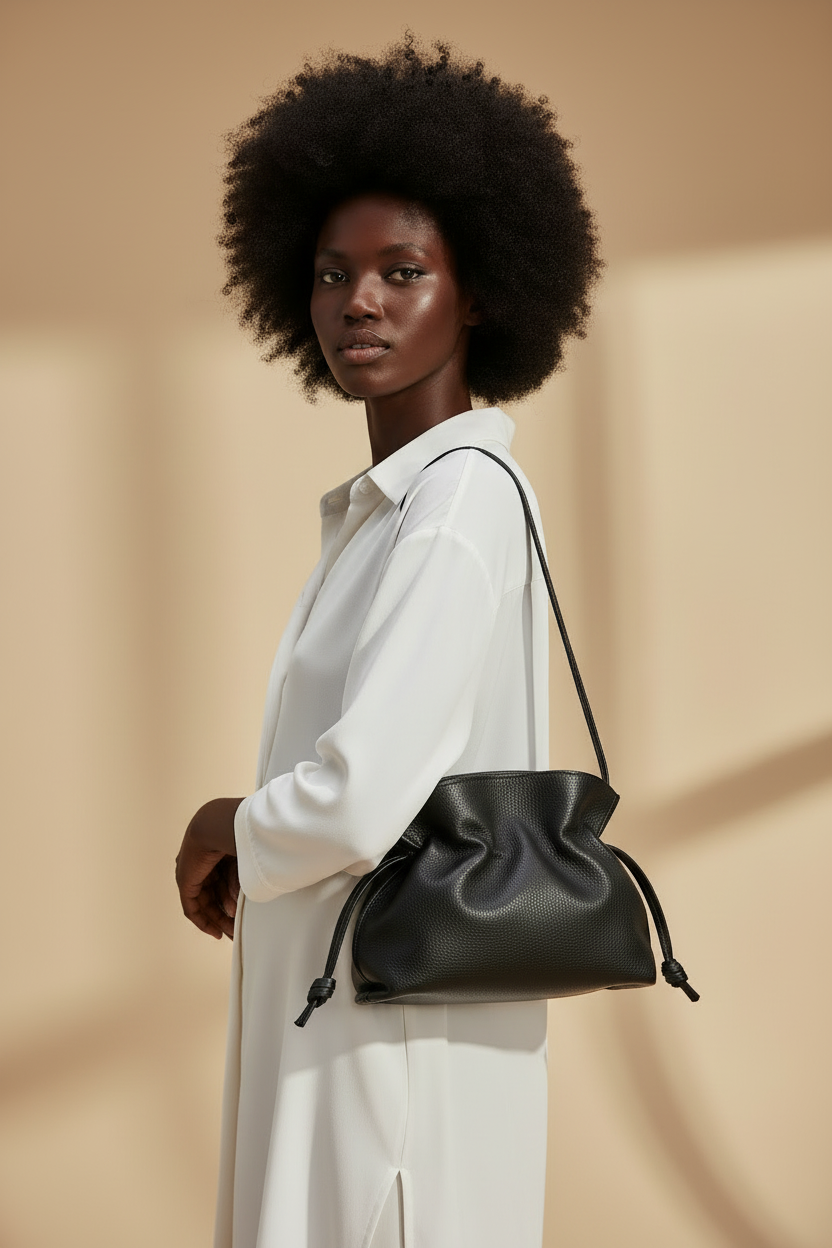 Modella con capelli corti e borsa nera