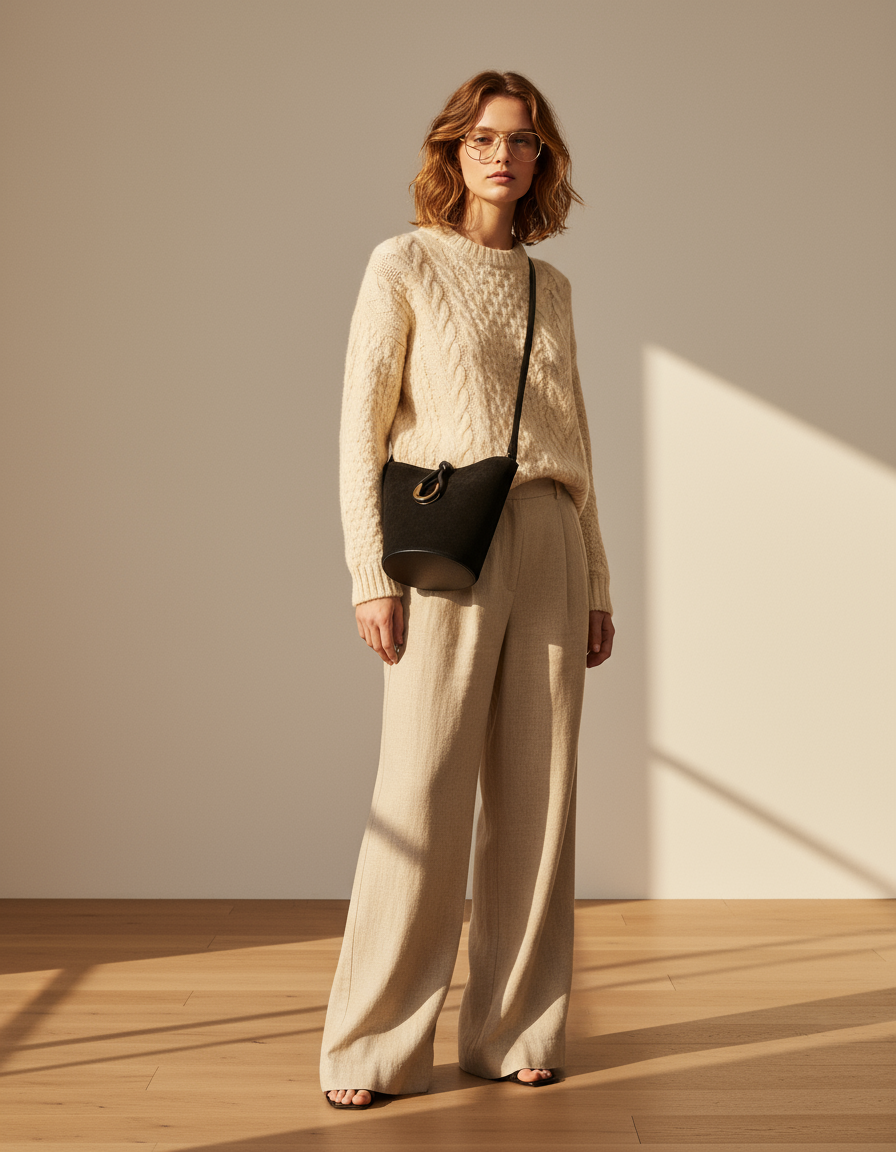 Modella con maglione di lana, pantaloni palazzo e borsa MIA nera