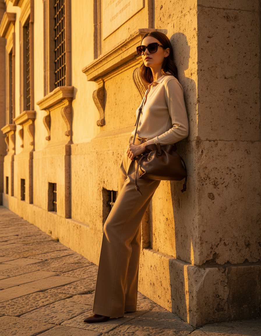 Modella con occhiali da sole e borsa cioccolato