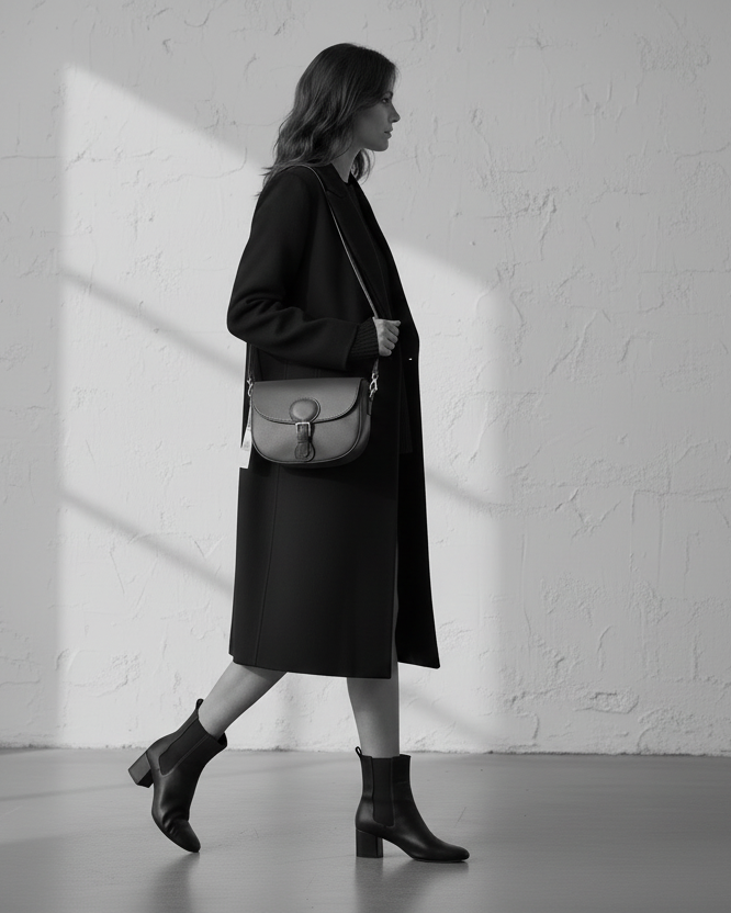 Modella in nero con borsa rossa