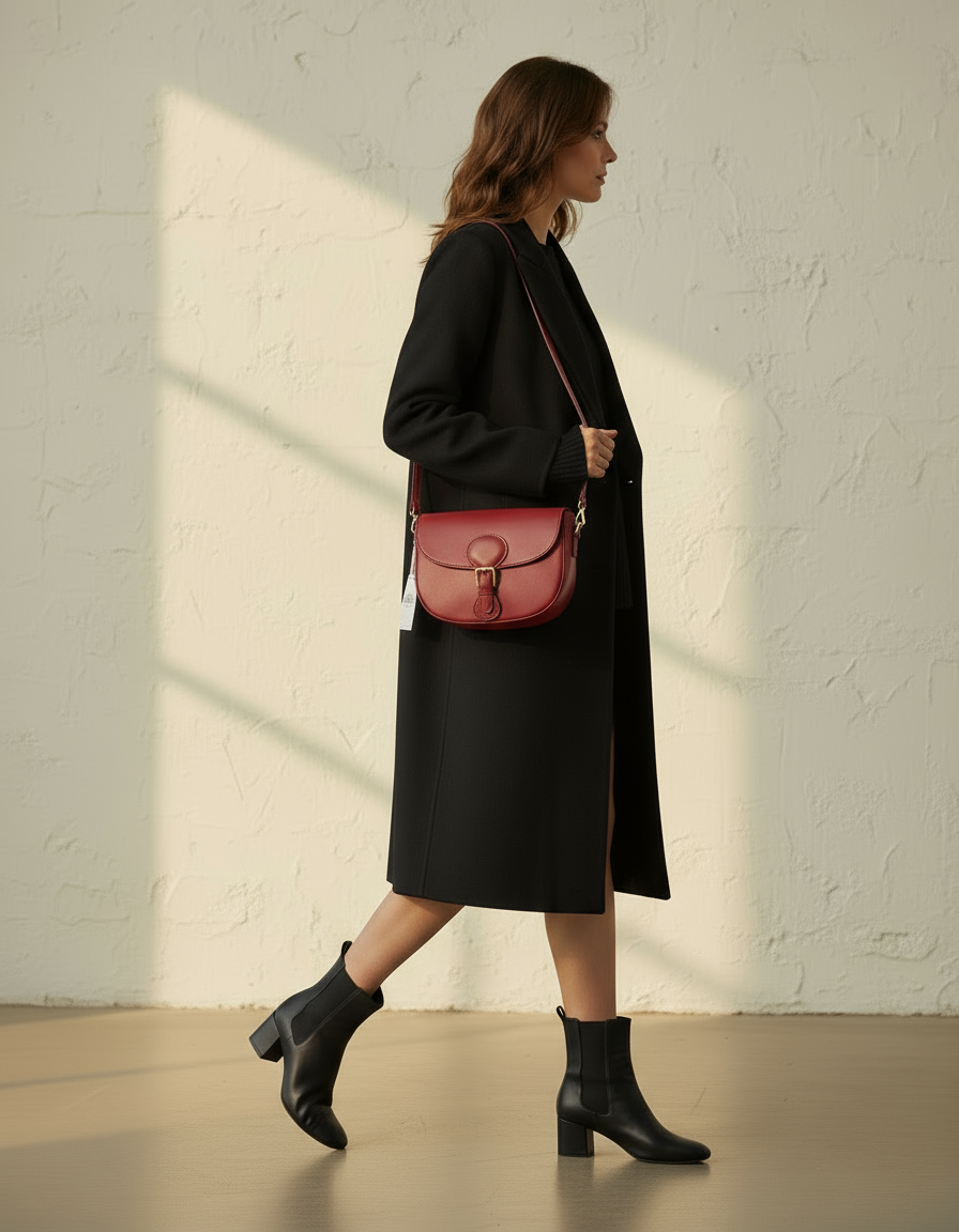 Modella in nero con borsa rossa