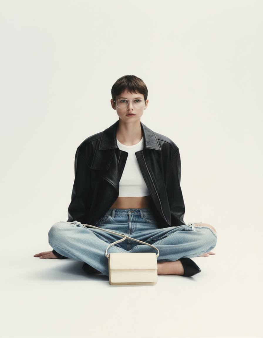 Modella seduta con borsa crema minimal