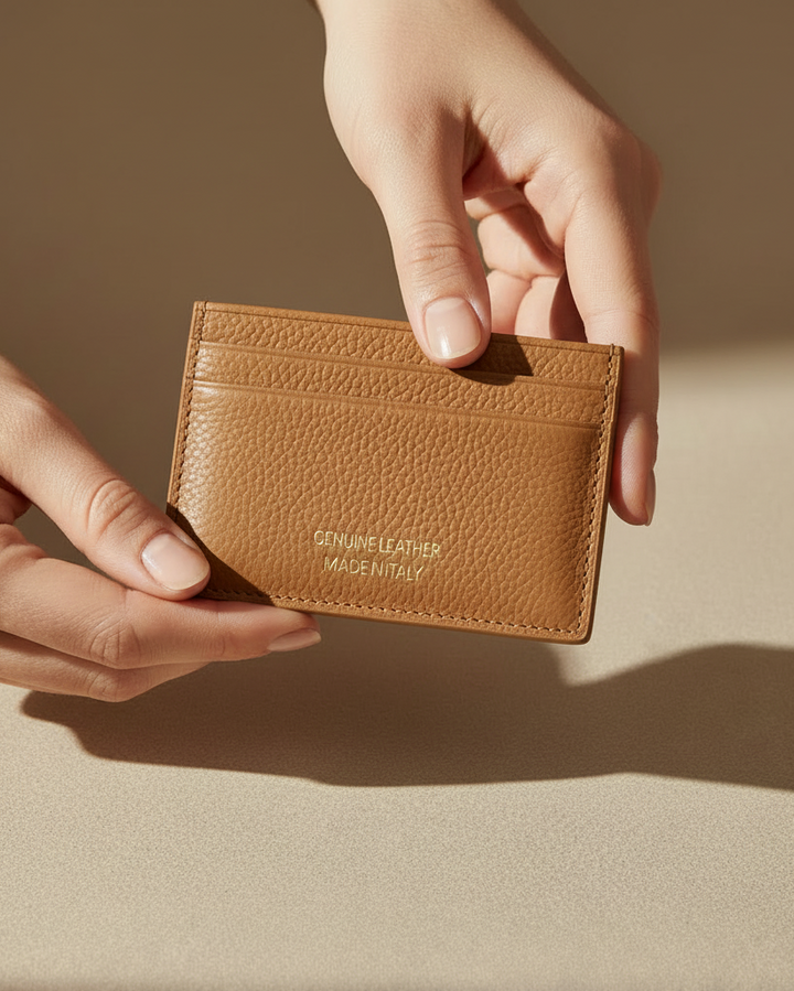 Porta carte cuoio in mano